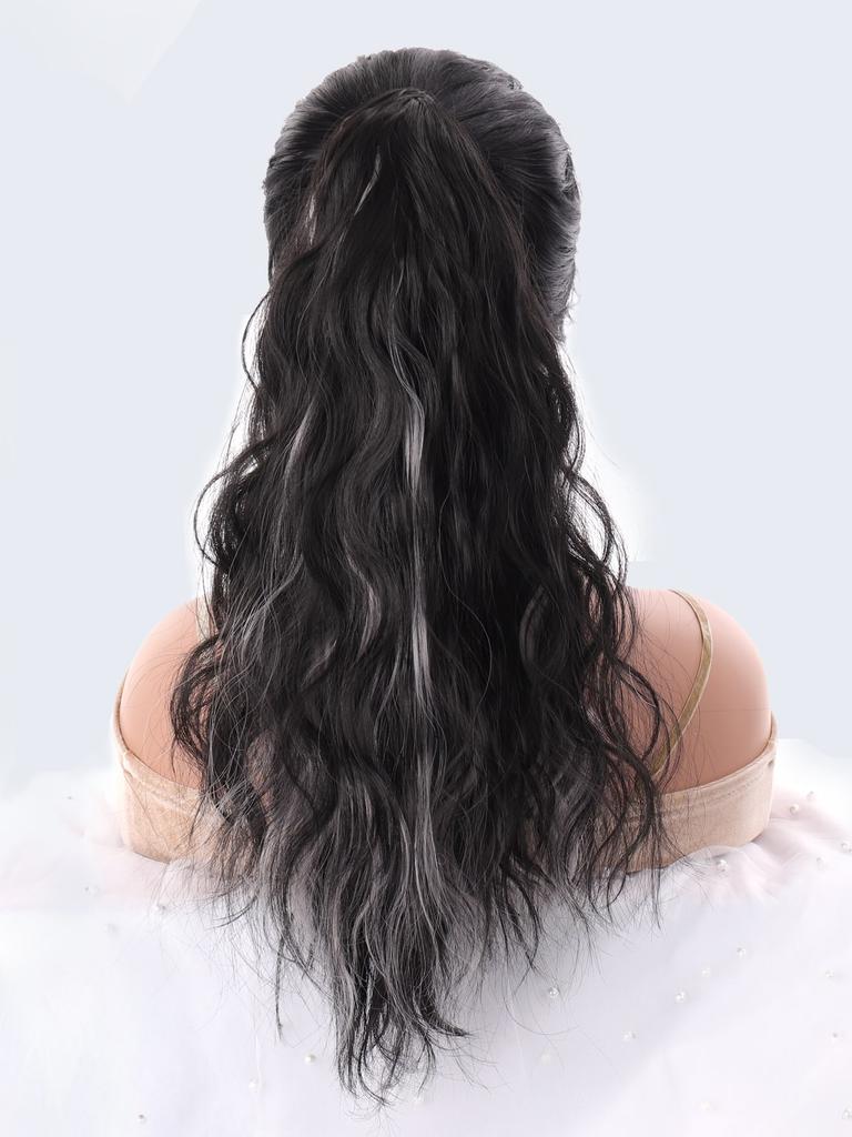 Black Dyed White Tea Grey Medium Long Curly Ponytail Hair Extensions
