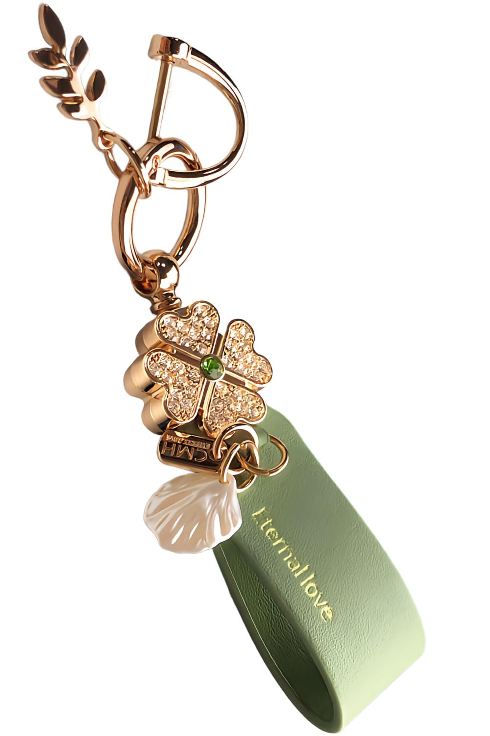 Four-leaf clover keychain, leather, Korean, green, four-leaf clover, bag charm, flower, sparkling, stylish, cute, smart key, women, good luck,