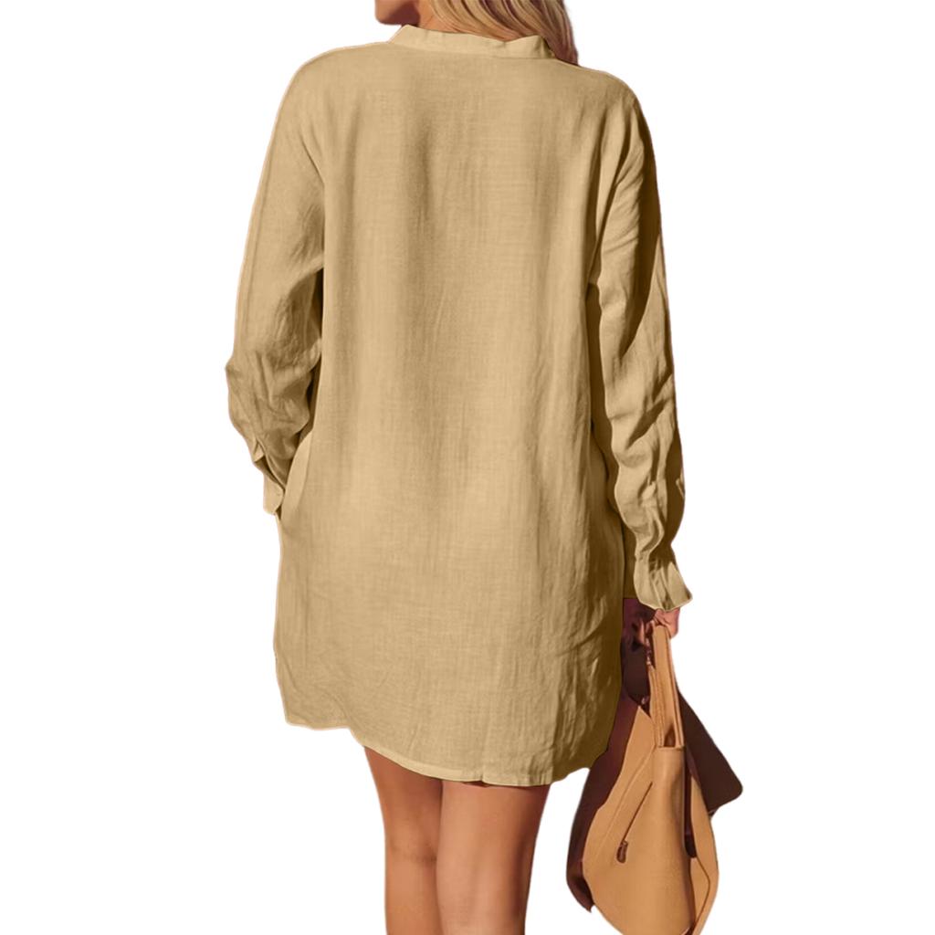 Abito a camicia da donna a vestibilità larga, manica lunga, collo Henley, tunica casual, tessuto leggero e confortevole