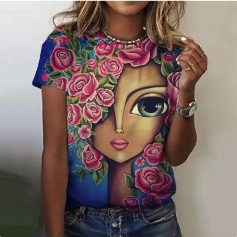 Fashionable Female Portrait 3D Printed Women's Top Harajuku Versatile Round Neck Short Sleeved T-Shirts (women’s