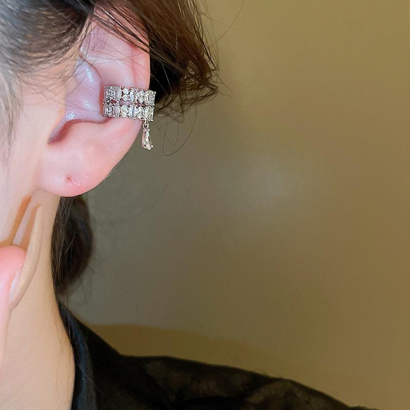 1Pc Double Layer C-Shaped Crystal Zircon Cuff Earrings Rhinestone No Piercing Water Droplet Clip Earring Simple Luxury Ear Clip