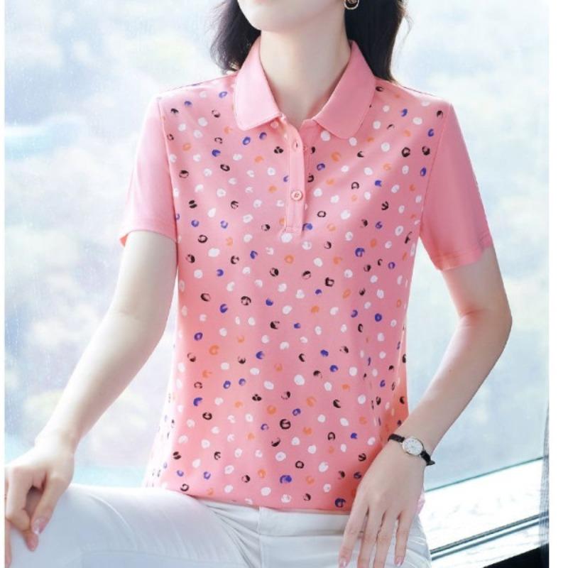 

women s Colorful Polka Dot Print Polo Collar Short Sleeve T‑Shirt Loose Plus Size Summer Casual Mom Blouse Top M розовый