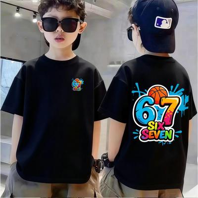 180g Pure Cotton Cartoon 67 Print Kids' Short Sleeve T-Shirt