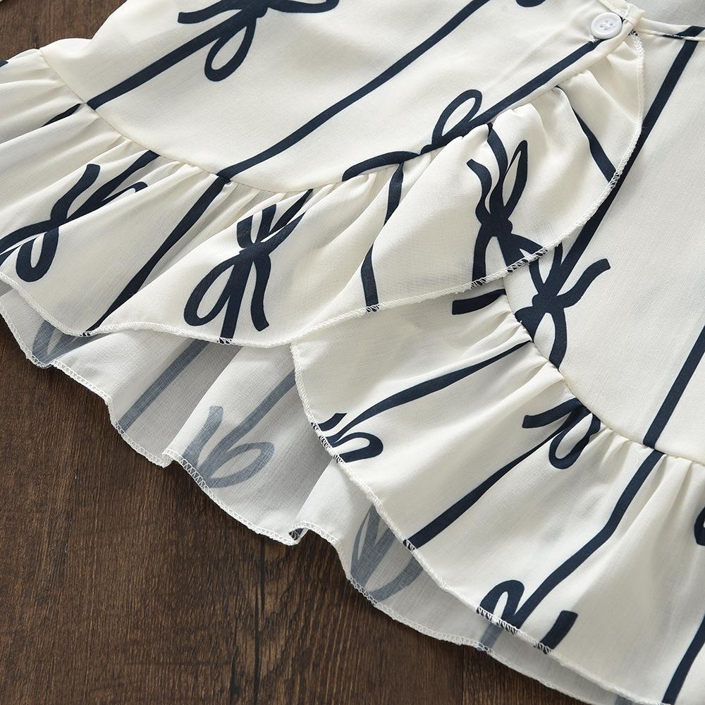 Girls' Bowknot Print Set Summer New Korean Style Sleeveless Top Wide Leg Pants Two-Piece Set