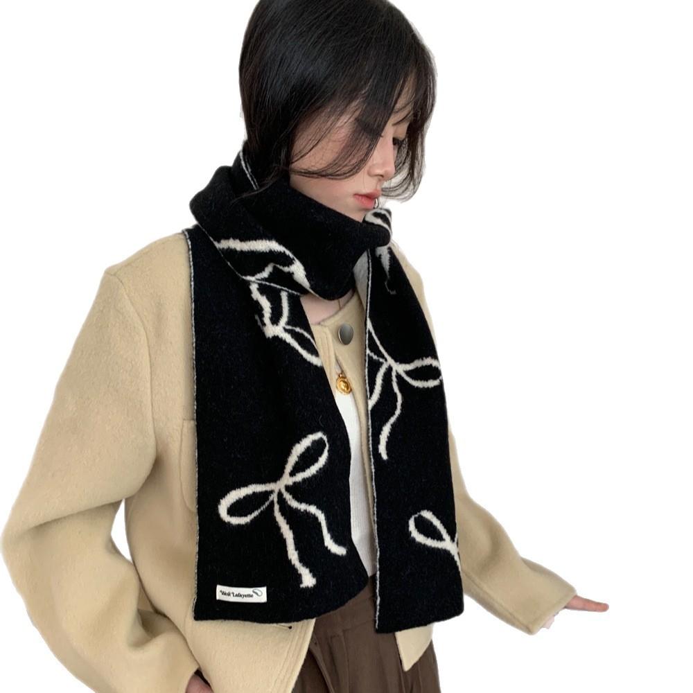 Blended knitted bow wool couple high-end small scarf women's Korean thickened warm versatile scarf