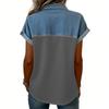 Camicie Patchwork in Denim da Donna Collo Alto Blusa Casual Manica Corta Maglietta Comoda Moda Primavera Estate
