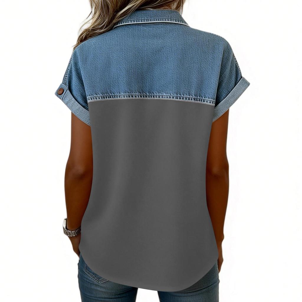 Camicie Patchwork in Denim da Donna Collo Alto Blusa Casual Manica Corta Maglietta Comoda Moda Primavera Estate