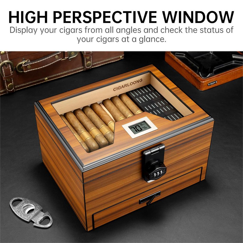 Cedar wood cigar humidor with digital hygrometer and humidifier, safety lock, cigar accessory storage drawer, and sealed humidor box cabinet with