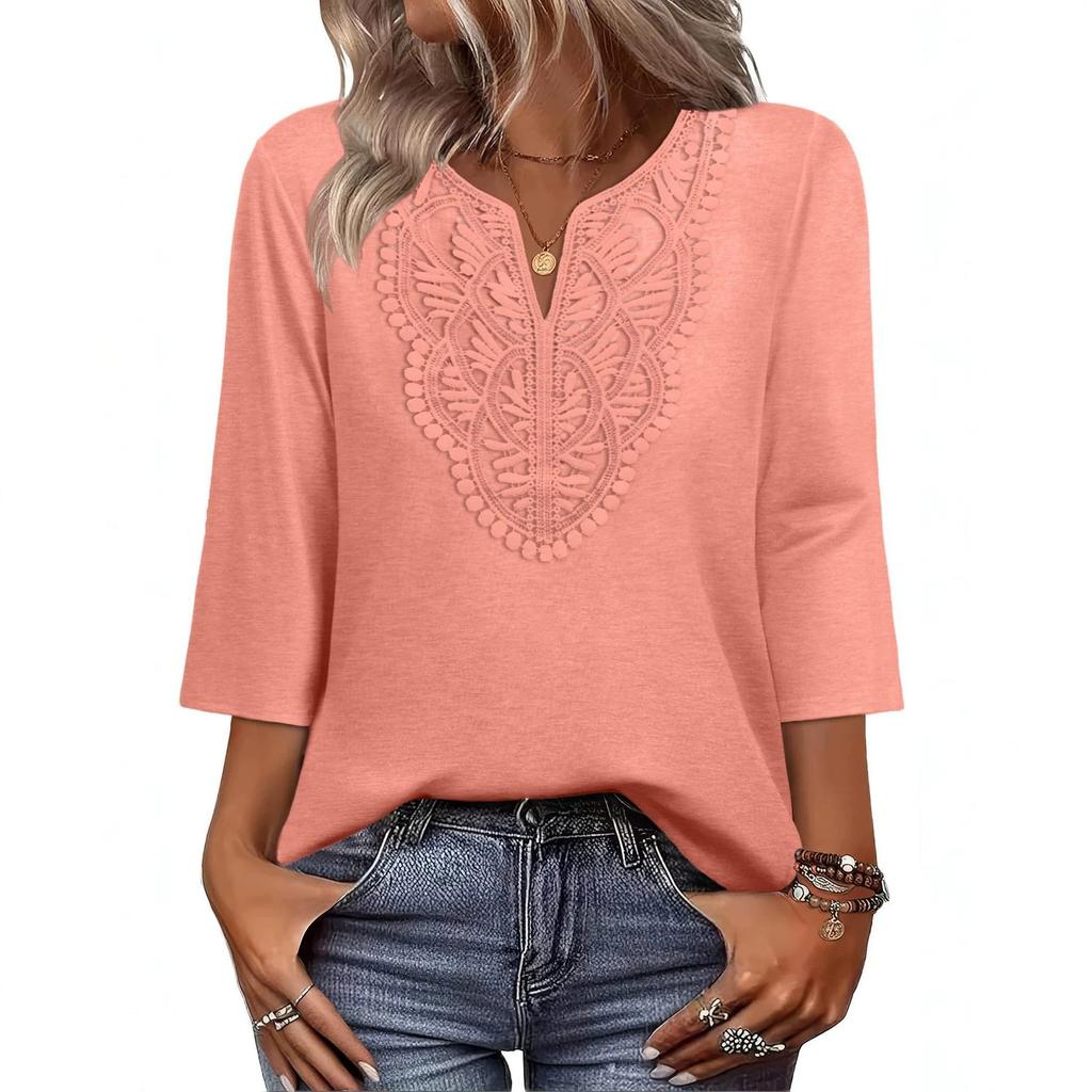 Damen V-Ausschnitt Spitze Patchwork 3/4 Ärmel Lässig Bluse Locker Einfarbige Tunika Top