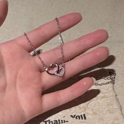 Fashion Women's Double Heart Necklace Girls Interlocking Clavicle Chain Necklace Love Jewelry Party Gift