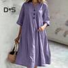 Summer Spring Dress with Pockets Buttoned V Neck Pleated Loose A-line Hem Half Sleeves Solid Color Midi Dress for Daily Wear Party Dating