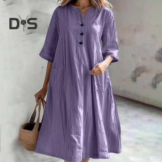 Summer Spring Dress with Pockets Buttoned V Neck Pleated Loose A-line Hem Half Sleeves Solid Color Midi Dress for Daily Wear Party Dating