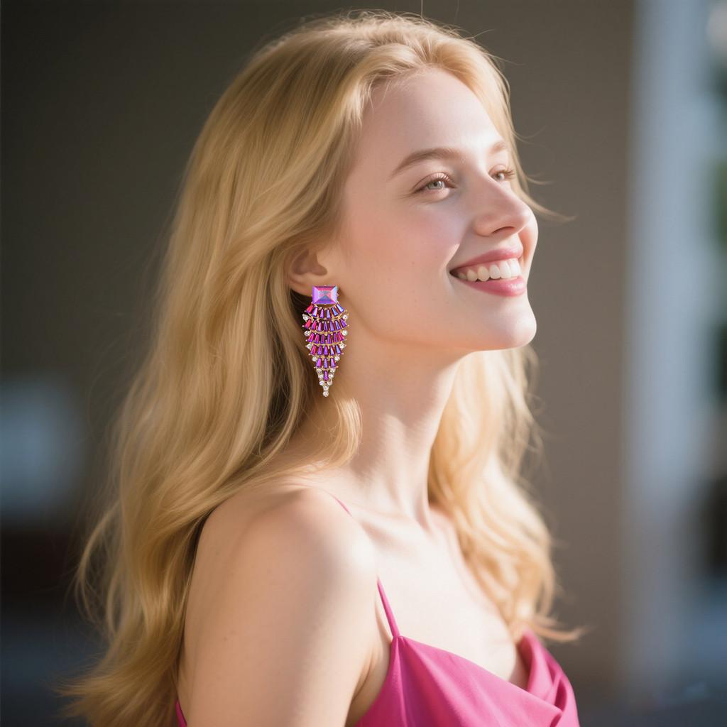 Geometric Alloy Long Earrings For Women With Colorful Rhinestones In Fashion Spring