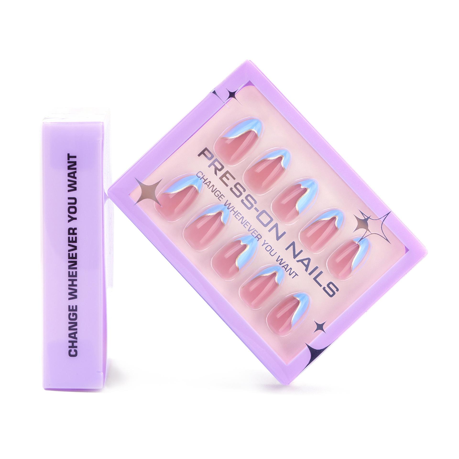 Французский синий простой высококачественный носить броню 30 штук покрытие маникюр короткий миндальный ноготь накладной готовый продукт