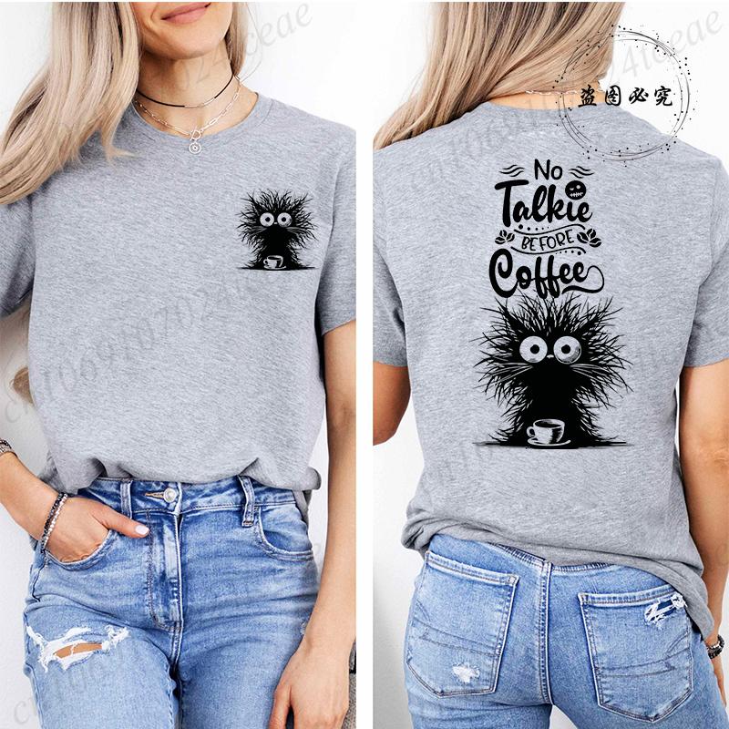 No Talkie Before Coffee Print T-shirt Short Sleeve Casual Top Summer Women Black Cat Kawaii Streetwear Graphic Tees Shirt Tops