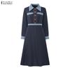 ZANZEA Vestido feminino casual gola virada para baixo solto manga comprida