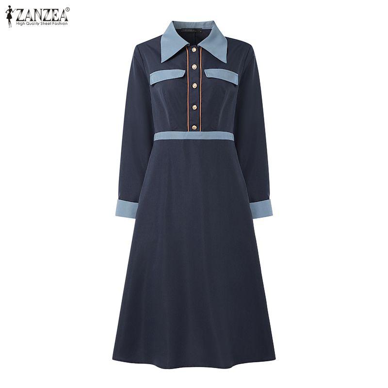 ZANZEA Vestido feminino casual gola virada para baixo solto manga comprida
