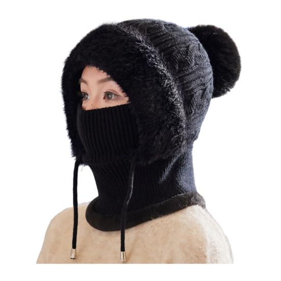 Knitting Hat Women Windproof Insulated Design Winter Hat with Plush Ball 3-in-1 Thickened Hat Face Guard Scarf