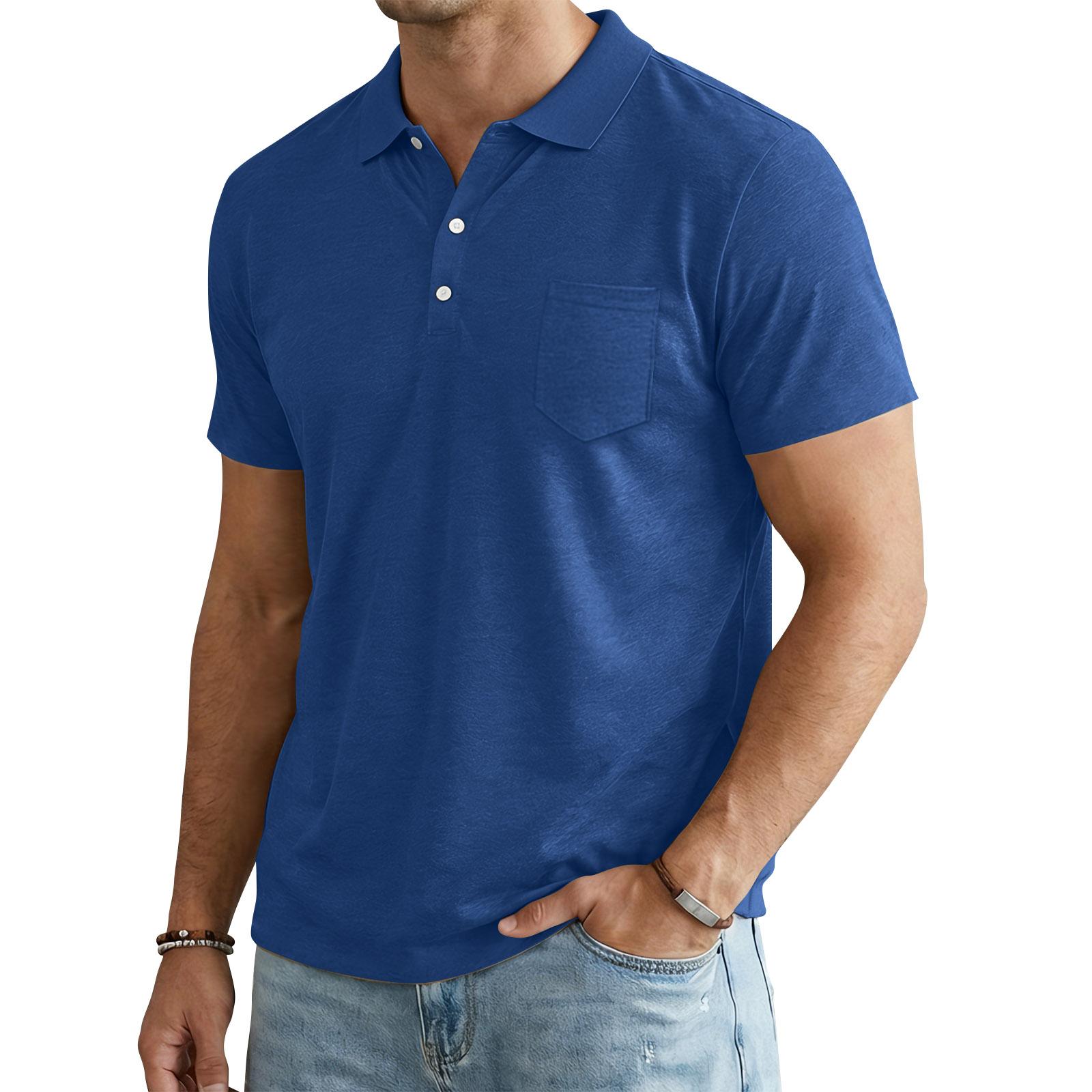 Men s Single Breasted Collared Short Sleeved Casual Outdoor Shirt With Pockets M тёмно-синий