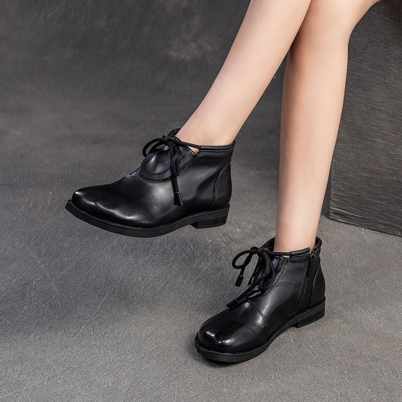 Johnature Retro Versatile Flat Short Boots Comfortable Commuting Casual Genuine Leather Women's Shoes