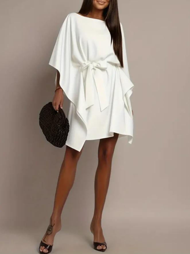 White Batwing Sleeve Lace-up Dress - European & American Style, Casual, Loose Fit, Short Skirt for Women (2026)