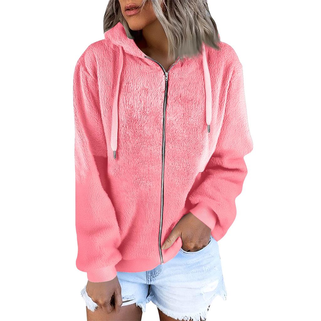 Felpa con cappuccio da donna alla moda calda in pile tinta unita con tasca con cerniera giacca casual