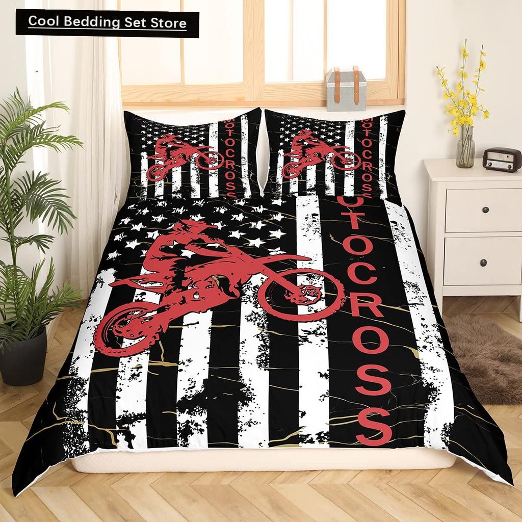 Dirt Bike King Queen Duvet Cover Motocross Sports Bedding Set Motorcycle Quilt Cover Youth Cool Black White Soft Comforter Cover