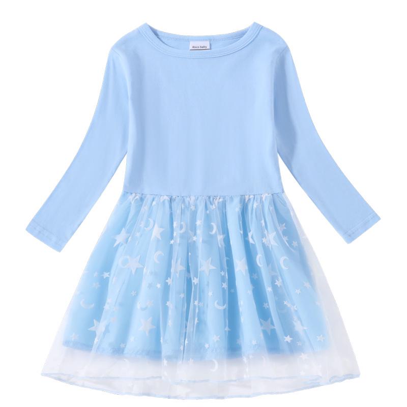 Korean Style Children's Princess Dress - Short/Long Sleeve with Stars, Rainbow Sequins, and Mesh Pleats for Spring, Summer, and Autumn