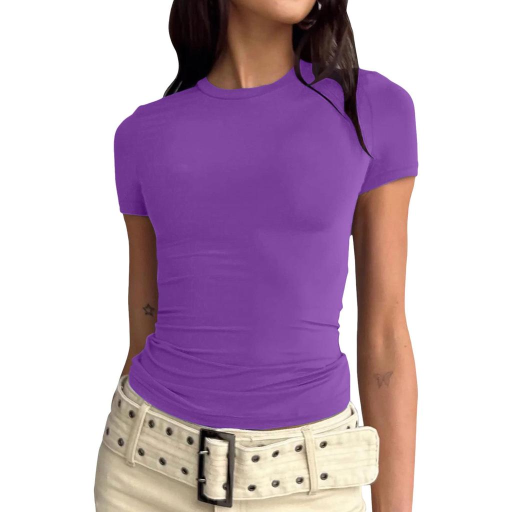 European and American Summer Women's Slimming Milk Silk Pullover T-shirt, Round Neck Fashion Top, High-end Women's Outerwear