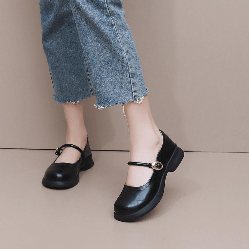

Shallow mouth retro Mary Jane small leather shoes women s autumn fashion word with temperament versatile round head soft sole women s single shoes 40 чёрный