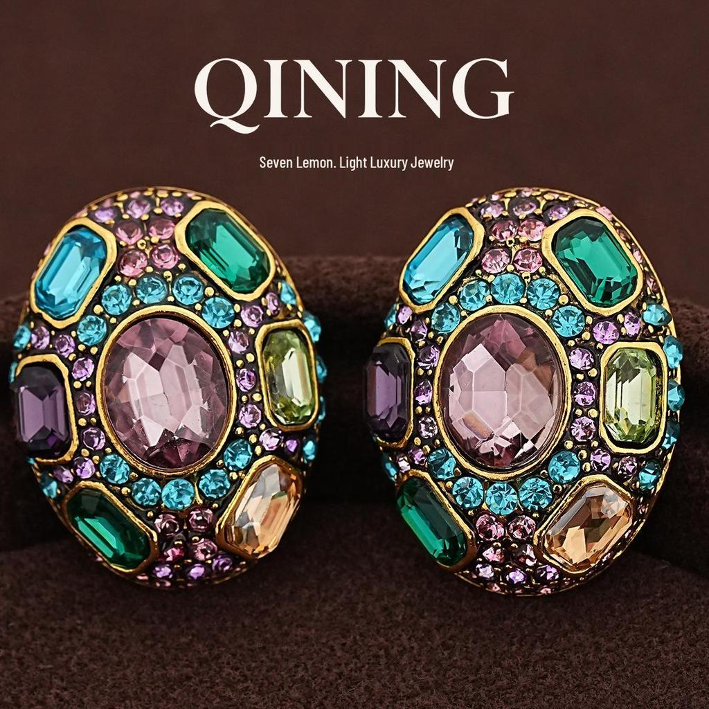 Vintage European Colorful Gem Micro-Inlaid Stud Earrings: Luxurious, Artisan-Crafted Earrings for Evening Parties