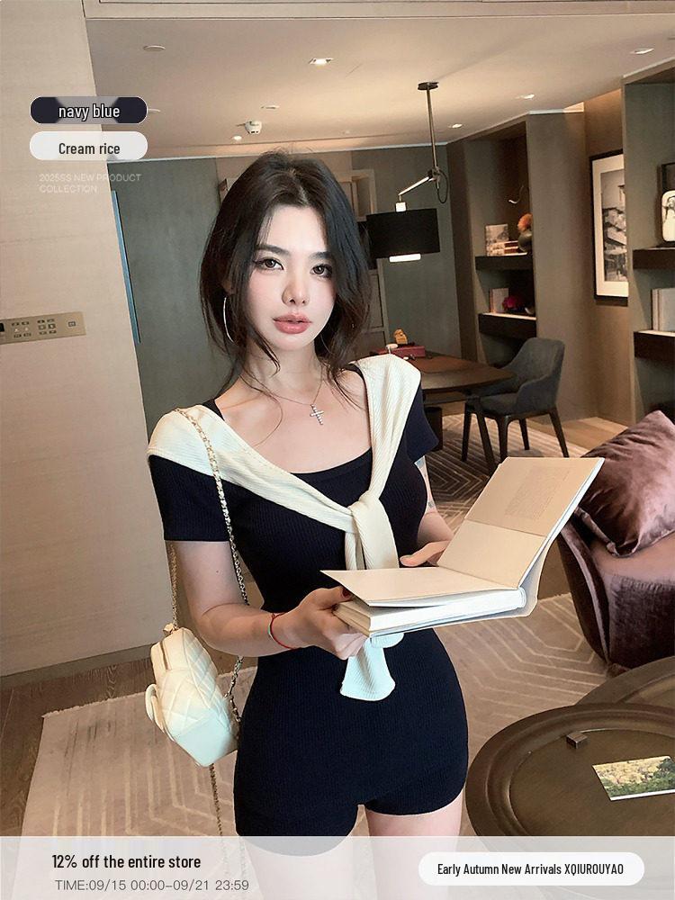 

Qiu Rou Yao Slim-Fit Women s Summer Three-Piece Set: Lightly Mature Style T-Shirt and Shorts with Short Sleeves. Small