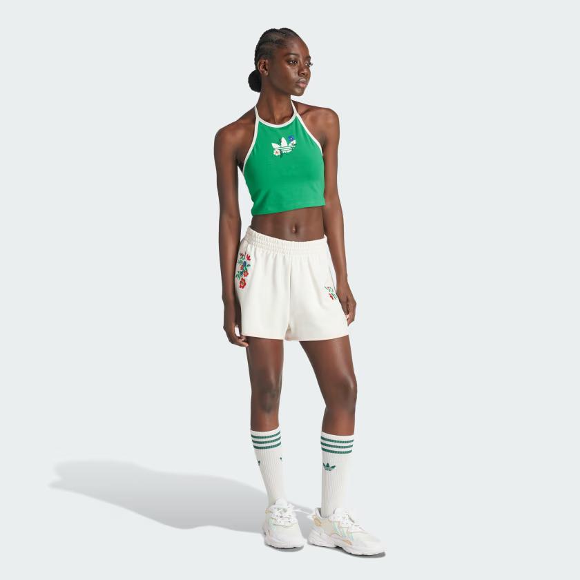 adidas Originale Bestickte Blumenmuster Elastische Sportliche Freizeitshorts Damen Shorts Wolkenweiß IS3869
