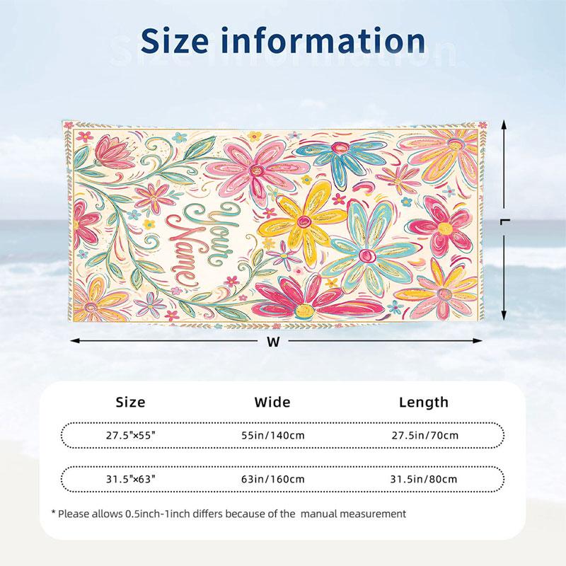 Floral Artwork 30 Theme Quick Dry Beach Towel Custom Name Text Print Large Sand Resistant Towel Beach Vacation