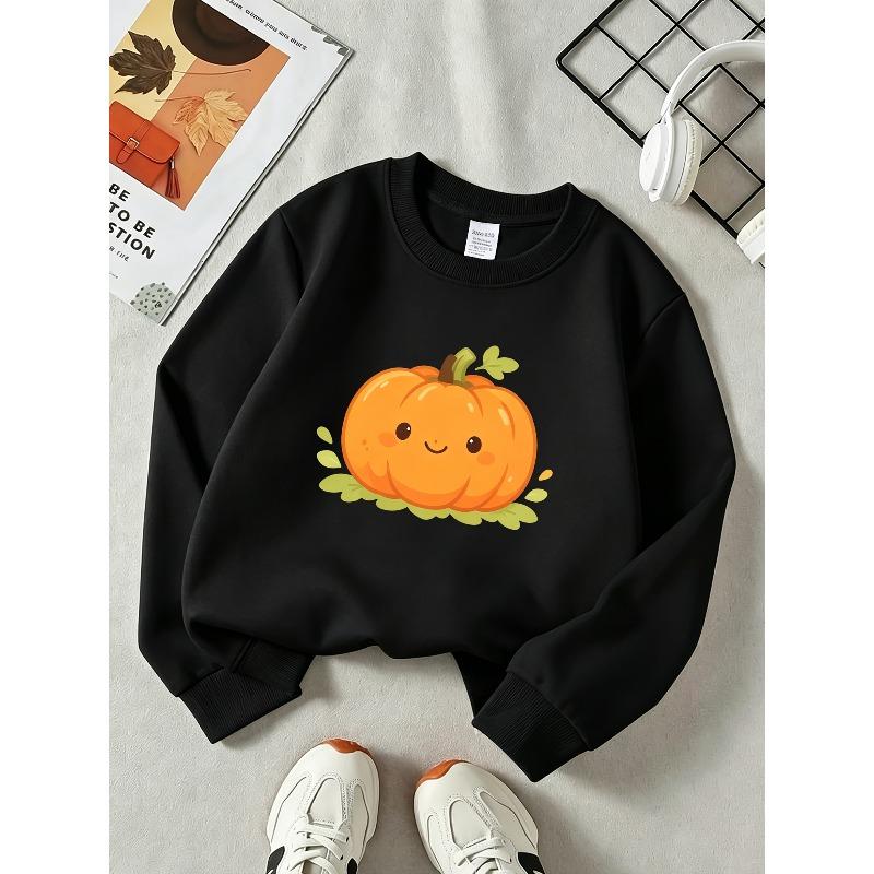 Autumn And Winter Girls' And Boys' Sweatshirt with "Cute Smiling Pumpkin" Print - Casual Crew Neck, Long Sleeve Pullover for Everyday & Outdoor Wear