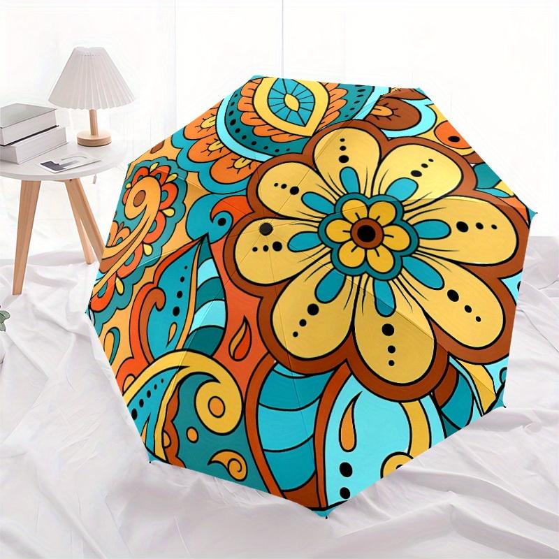 1pc Floral Mandala Design Automatic Open/Close Umbrella, Umbrella with Cartoon Design, Portable Compact Umbrella for Men & Women, Good Holid