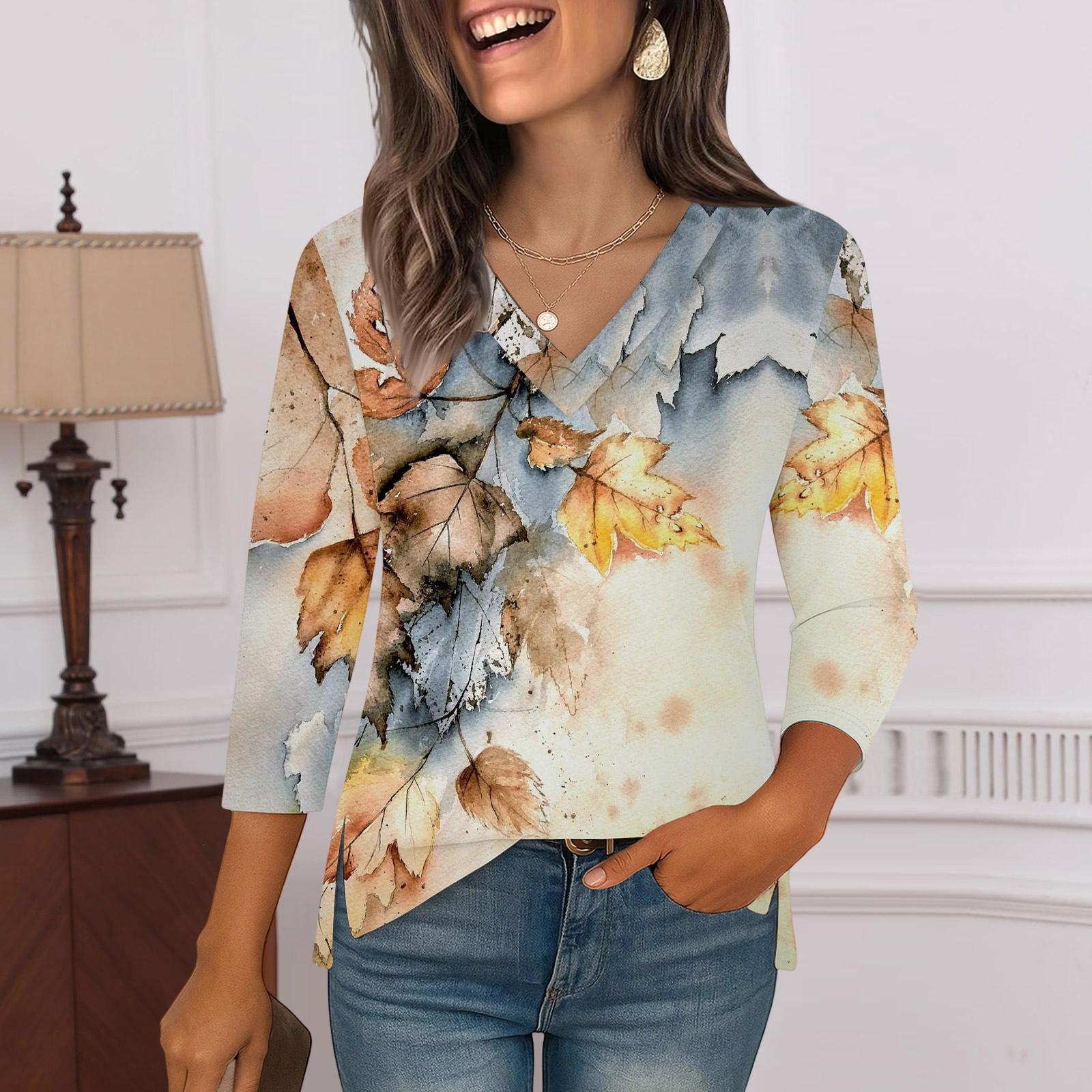 

3/4 Sleeve Shirts For Women Print Graphic Tees Blouses Casual Plus Size Basic Tops Pullover XL жёлтый