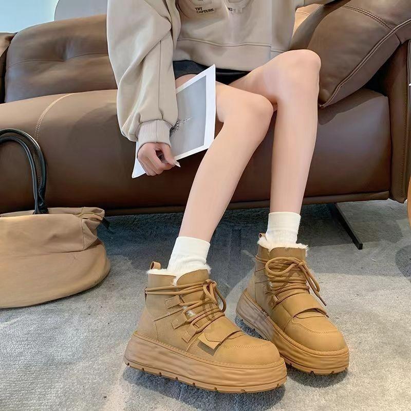 Fashion Leather Platform Lace-up Women's Snow Boots Sale Plush Warm Ladies Shoes Comfortable and Elegant Goth Lamb High Quality Booties