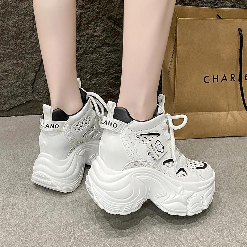 Fashion 10CM Chunky Leather Sneakers Summer Lace-up Casual Vulcanized Shoes Woman High Platform Breathable Hollow Mesh Sport Dad Shoes
