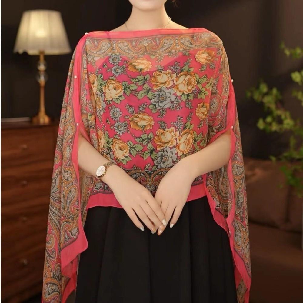 Long Length Sun Protection Shawl Flower Pattern Chiffon Scarf Breathable Shawl  Outdoor Activities