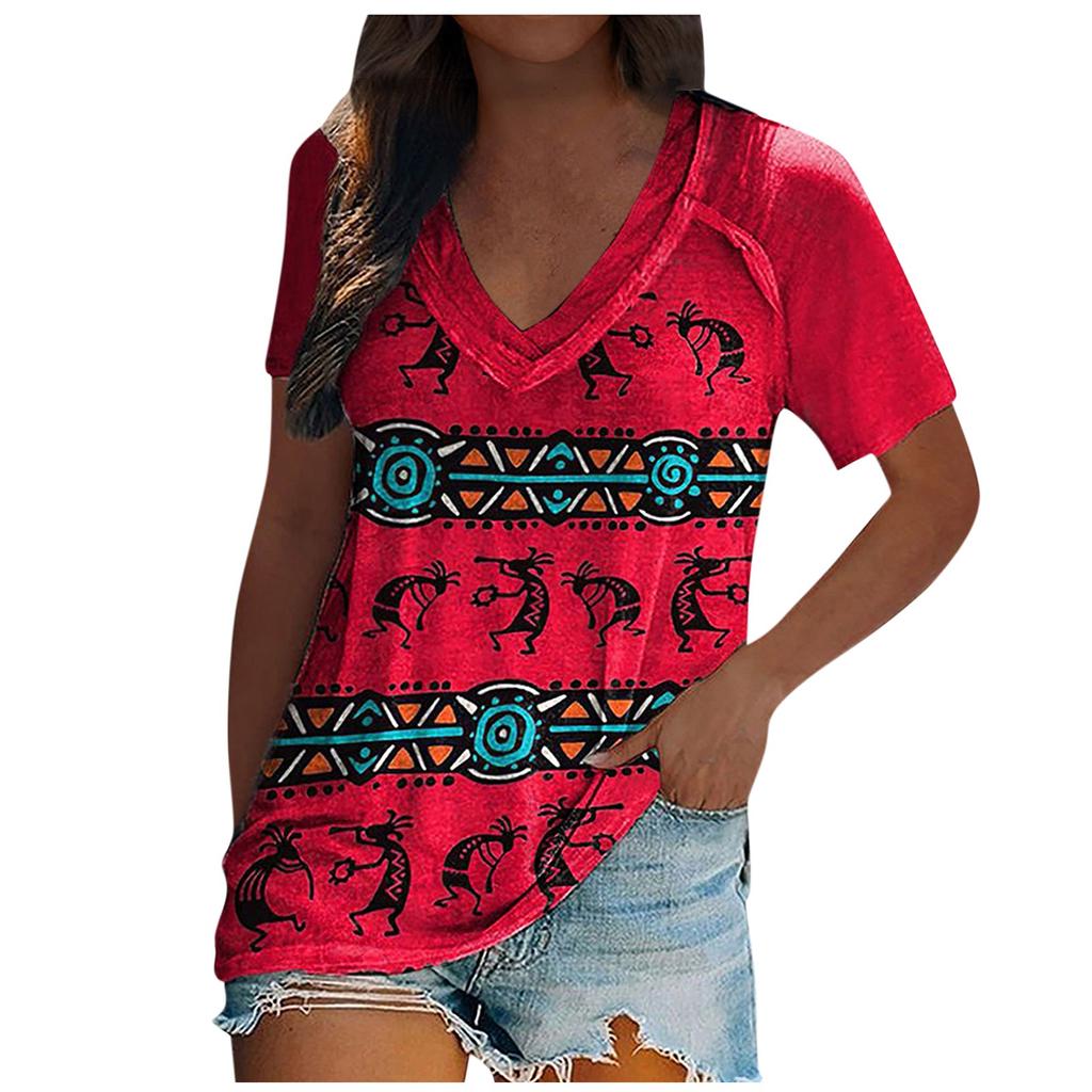 Women Retro Print Tribe Geometric Print V-neck Short-sleeved T-shirt Top Blouses