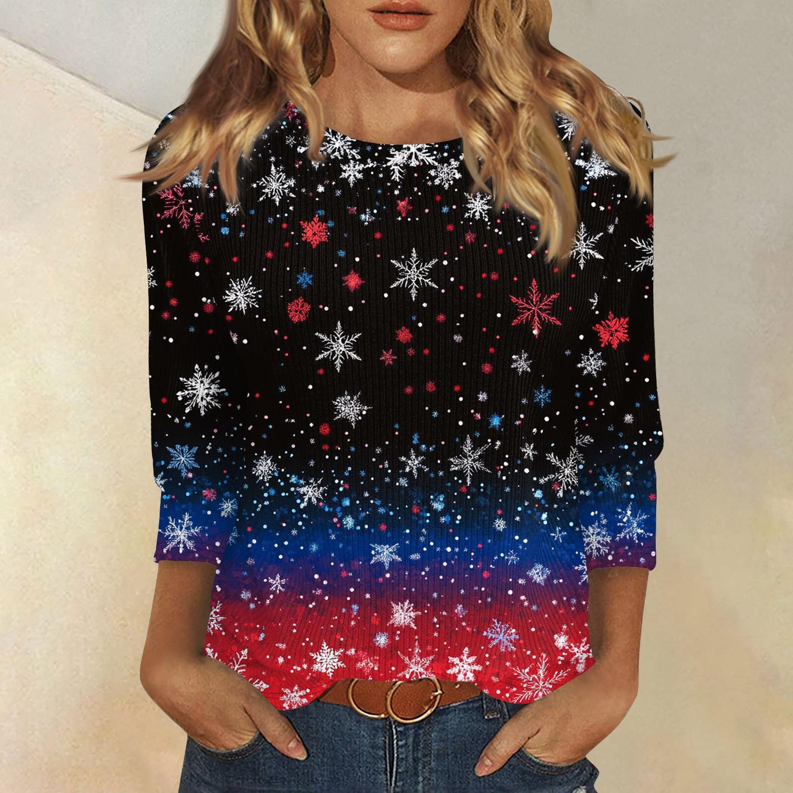 

Женская мода и зима повседневная круглая горловина матовая рубчатая рождественская печать футболка рукав три четверти женская одежда XXL чёрный