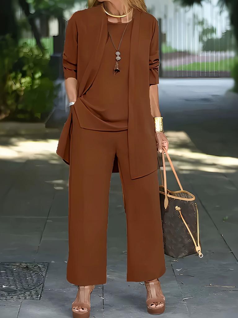 Women's Loose Fit Three Piece Outfit Set Long Sleeve Open Cardigan Tank Top High Waist Wide Leg Pants Elegant Pant Suit