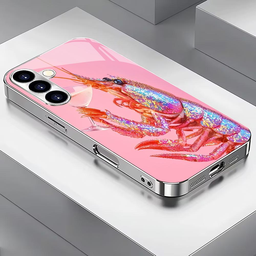 

Pink lobster plated glass phone case suitable for Samsung Galaxy S26 S25 S24 S23 S22 S20 FE/Ultra/Plus anti drop back cover GalaxyS24FE