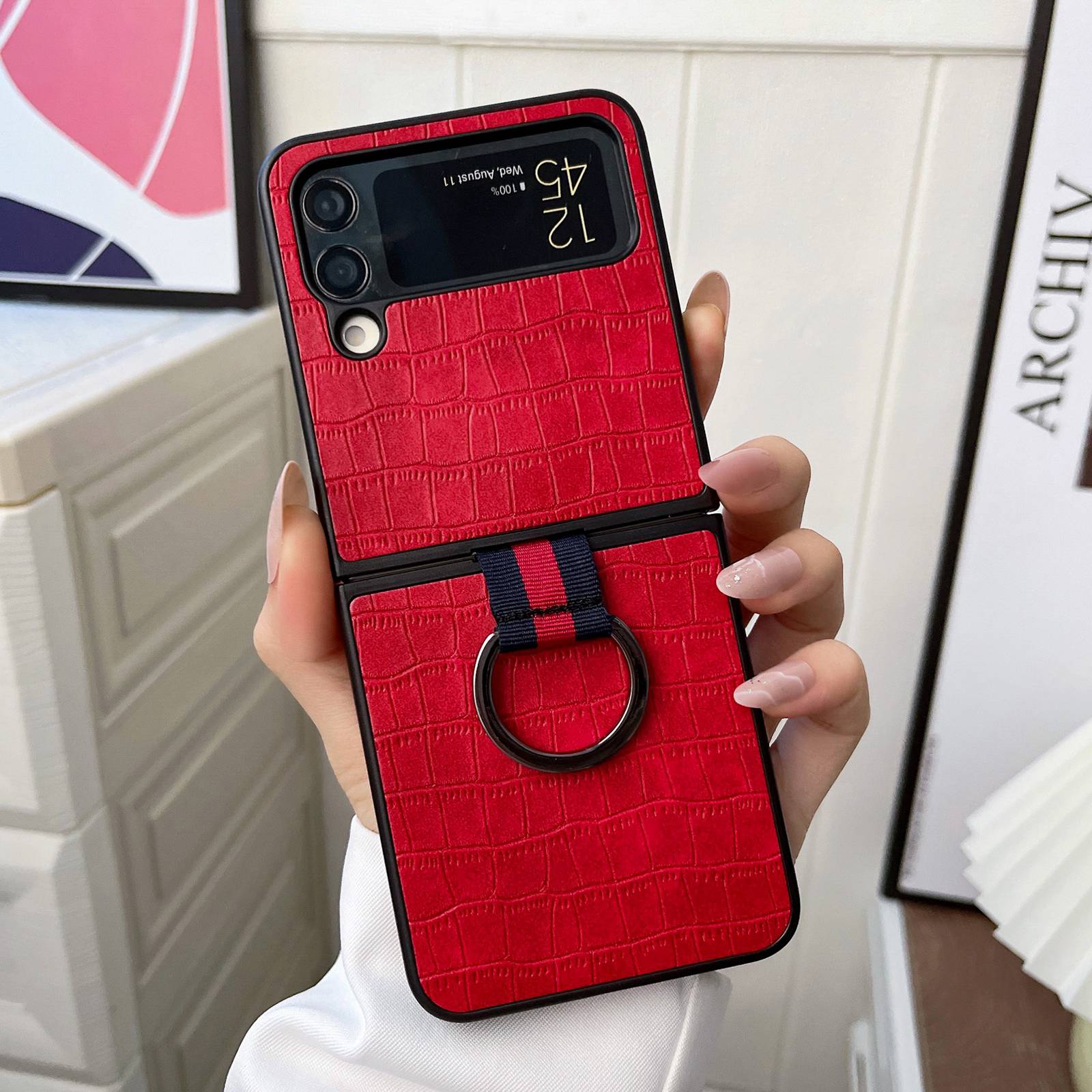 

For Samsung Galaxy Z Flip4 5G Crocodile Texture Phone Case Leather Coated PC Folding Cover with Metal Finger Ring Red
