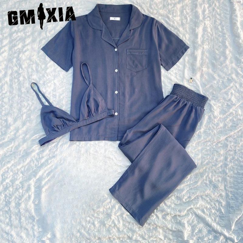 

GMXIA Pajamas Women s Summer Thin Solid-coloured Underwear Short-sleeved Trousers Three-piece Set of Homewear XL синий
