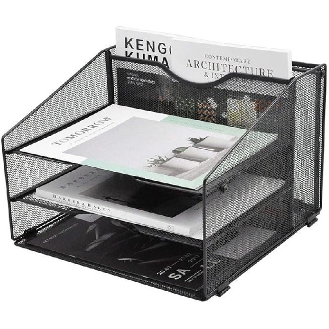 EASEPRES Mesh File Organizer Desktop, File Folder Holder Desk Organizer with 3 Paper Letter Tray and 1 Vertical Upright Compartment, Black 3 tray + file holder