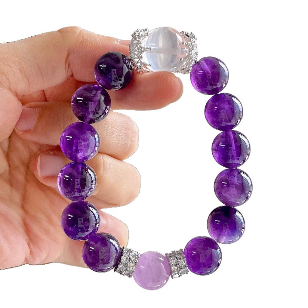 12Mm High Quality Royal Grape Purple Natural Amethyst Purple Lithium White Crystal Bracelet