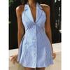 Summer Halter Strap Bow Striped Beach Shirt Dress Single-row Button Printed Backless A-shaped Sexy Suspender Party Dress Slim Mini Dress for Women