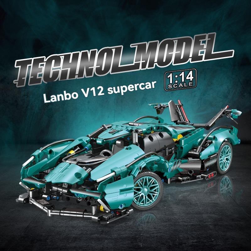 Non-Toxic Technical V12 Super Car Building Blocks Motor Power Puzzle Toys Diy Tabletop Decorations Model Birthday Christmas Halloween Gift